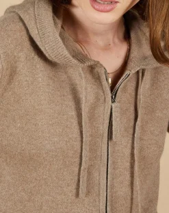 Cashmere Tribu Gilets Et Cardigans|Gilet à capuche 100% Cachemire Blanche châtaigne/corail fluo