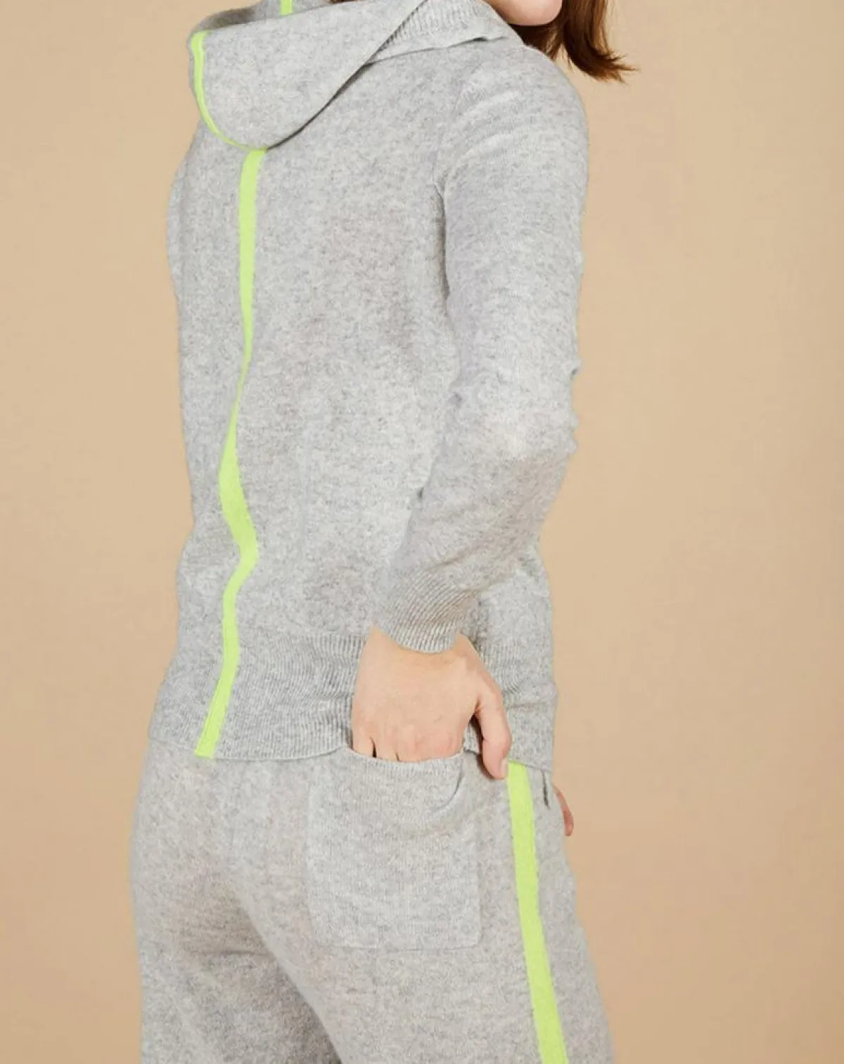 Cashmere Tribu Gilets Et Cardigans|Gilet à capuche 100% Cachemire Blanche gris chiné clair/jaune fluo