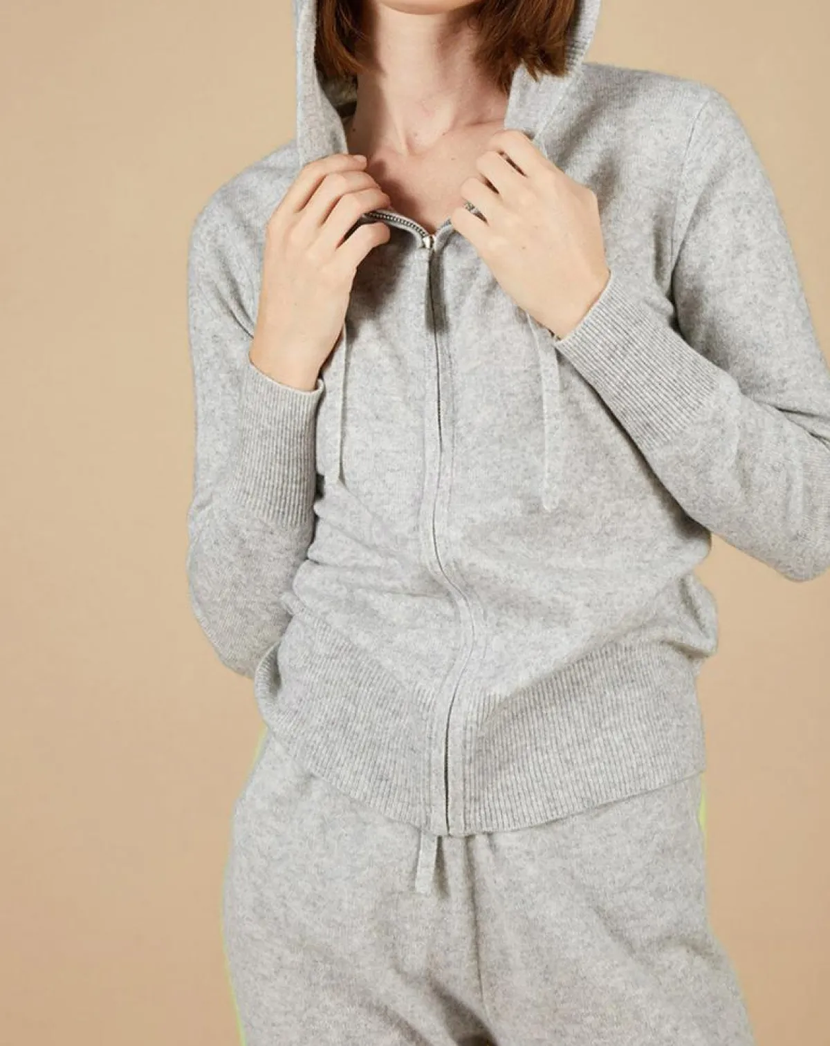 Cashmere Tribu Gilets Et Cardigans|Gilet à capuche 100% Cachemire Blanche gris chiné clair/jaune fluo