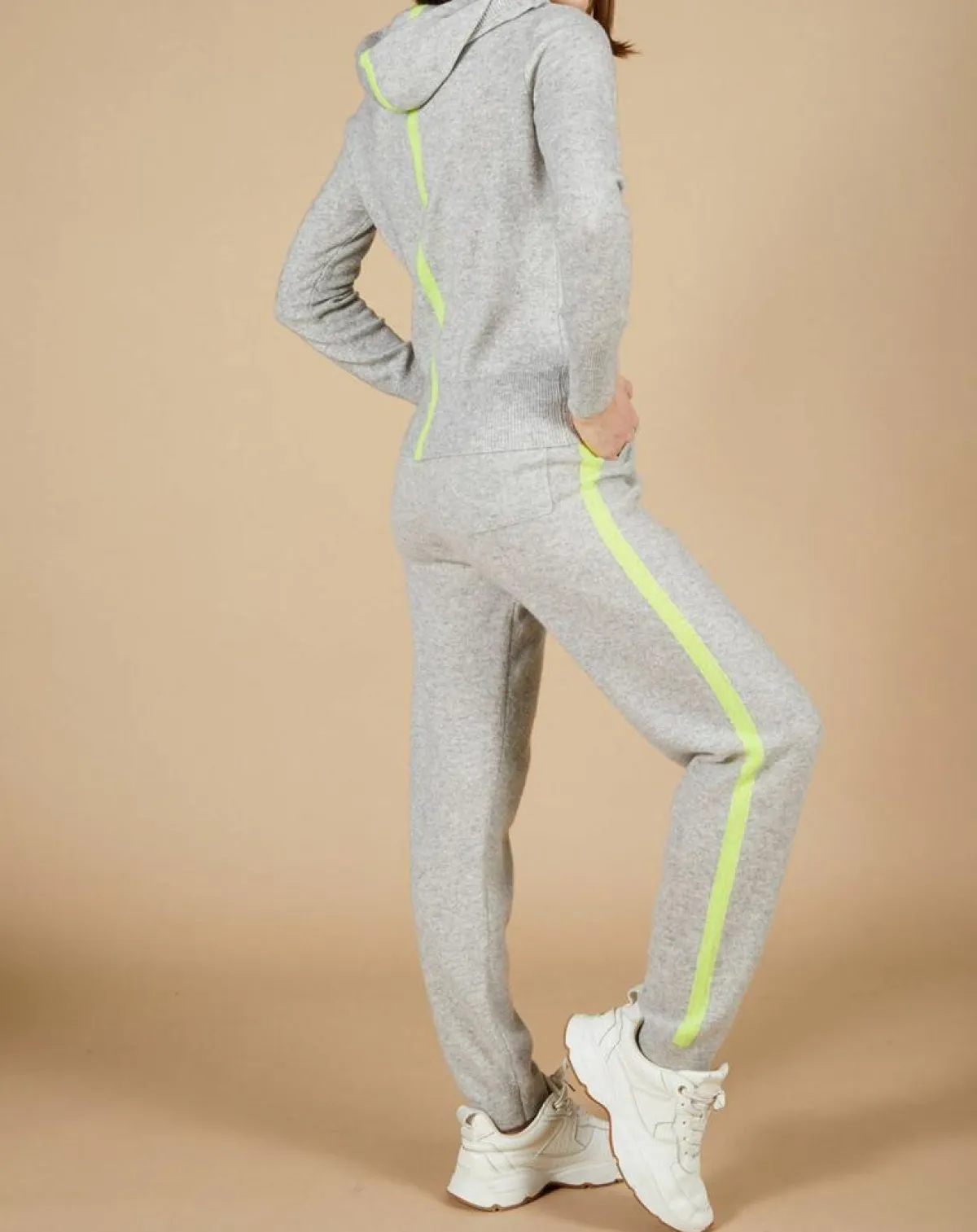 Cashmere Tribu Gilets Et Cardigans|Gilet à capuche 100% Cachemire Blanche gris chiné clair/jaune fluo