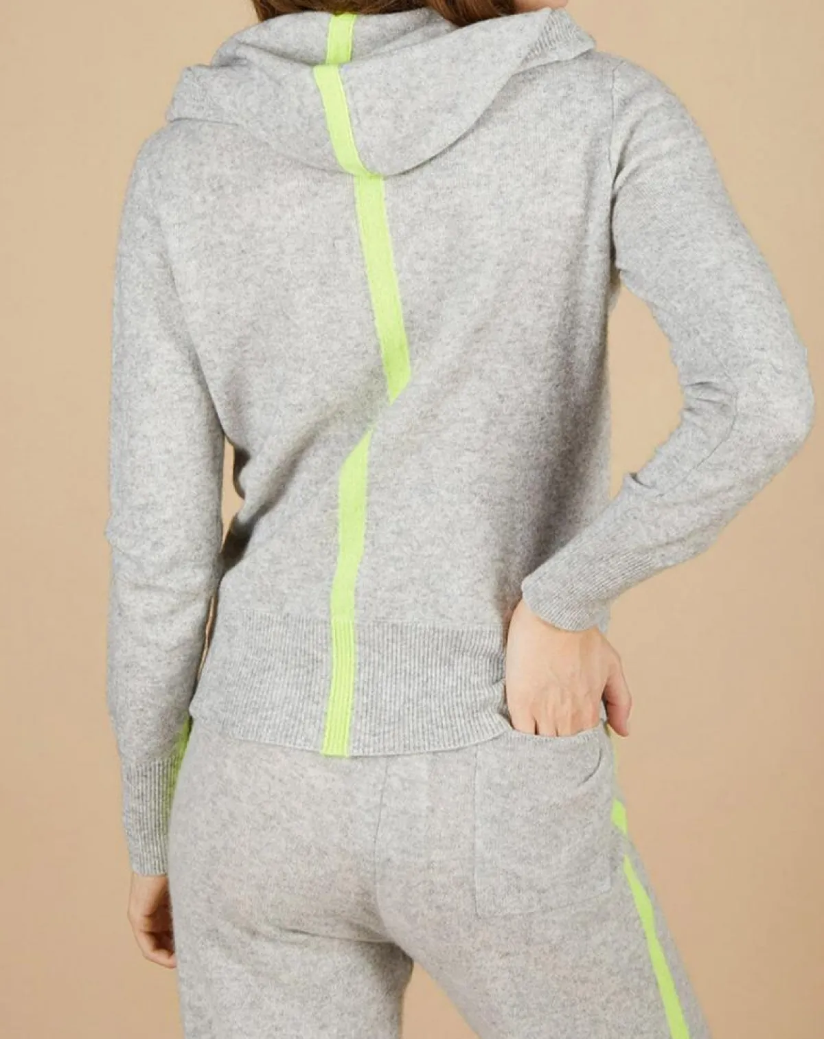 Cashmere Tribu Gilets Et Cardigans|Gilet à capuche 100% Cachemire Blanche gris chiné clair/jaune fluo