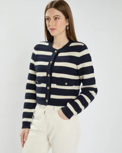 Zapa Gilets Et Cardigans|Gilet en Coton & Laine Glada rayures nocturne/écru