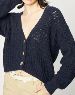 Esprit Gilets Et Cardigans|Gilet en Maille mélangée à boutons contrastants bleu marine