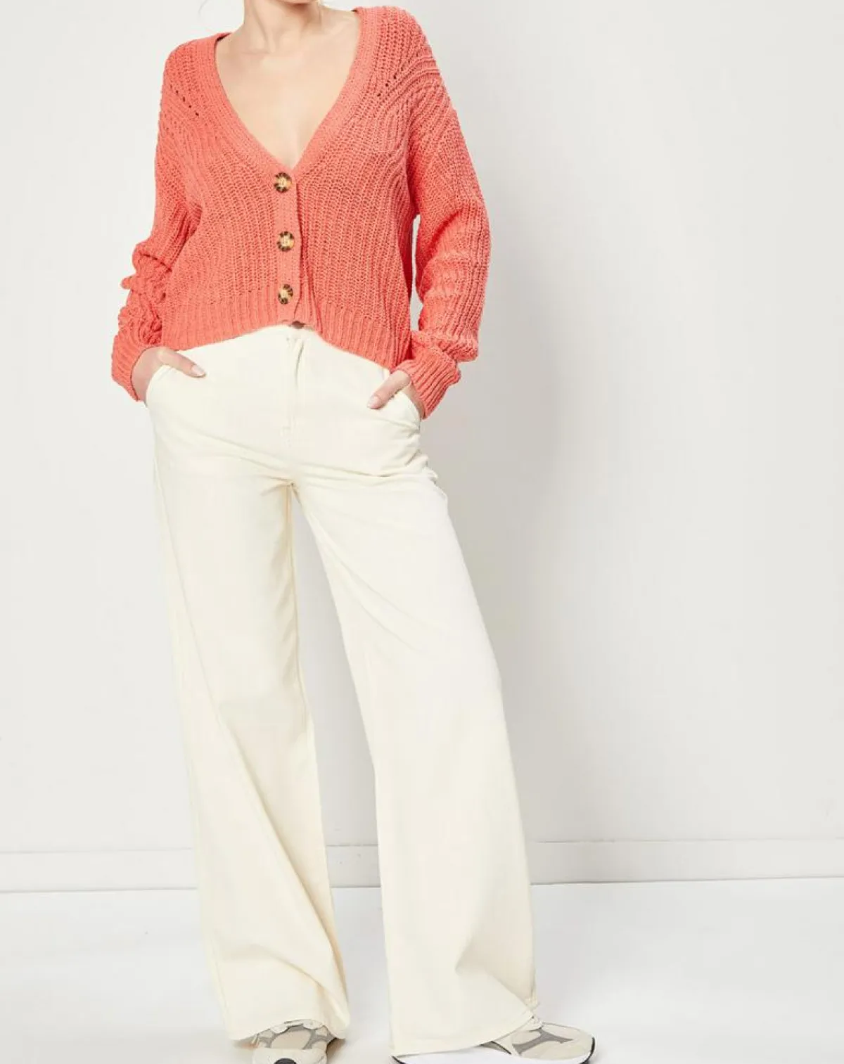 Esprit Gilets Et Cardigans|Gilet en Maille mélangée à boutons contrastants rose saumon