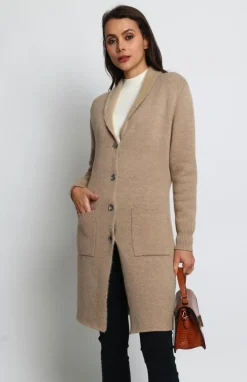 Assuili Gilets Et Cardigans|Gilet long en Cachemire mélangé col châle fourré thermique camel