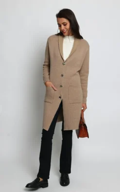 Assuili Gilets Et Cardigans|Gilet long en Cachemire mélangé col châle fourré thermique camel