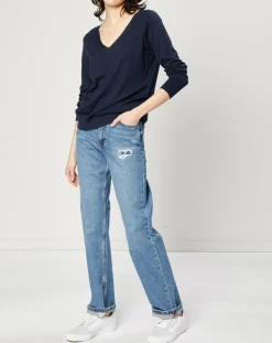 Esprit Jeans|Jeans droit en Toile de coton taille haute bleu moyen