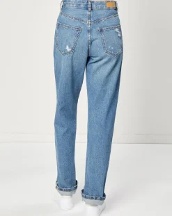 Esprit Jeans|Jeans droit en Toile de coton taille haute bleu moyen
