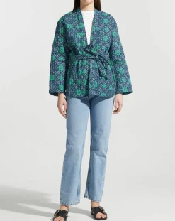 Garance Paris Vestes, Blousons|Kimono ceinturé Nougat imprimé bleu/vert