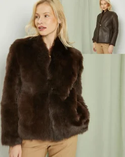 MaxMara Manteaux|Manteau court réversible en Cuir & Fourrure Aggravi marron