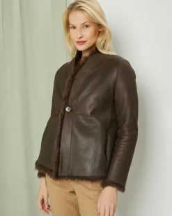 MaxMara Manteaux|Manteau court réversible en Cuir & Fourrure Aggravi marron