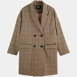 Scotch & Soda Manteaux|Manteau droit double boutonnage à carreaux beige/marron