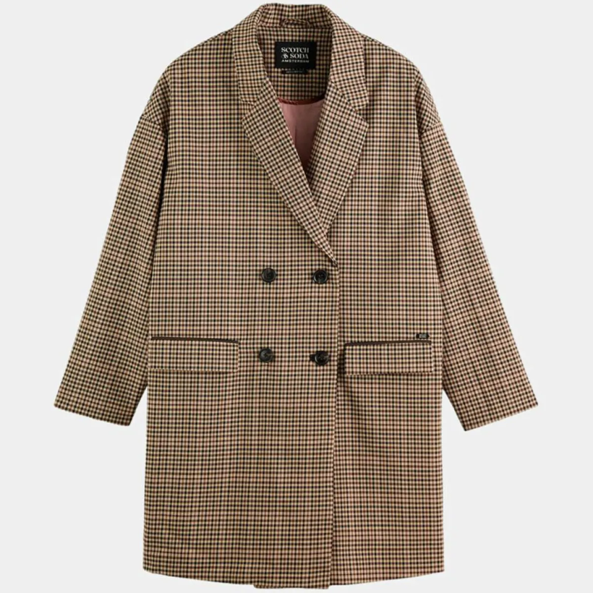 Scotch & Soda Manteaux|Manteau droit double boutonnage à carreaux beige/marron