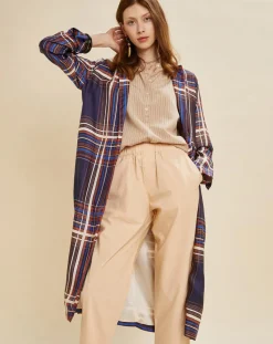 Chloé Stora Manteaux|Manteau léger satiné Greg à carreaux marine/beige