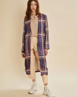 Chloé Stora Manteaux|Manteau léger satiné Greg à carreaux marine/beige