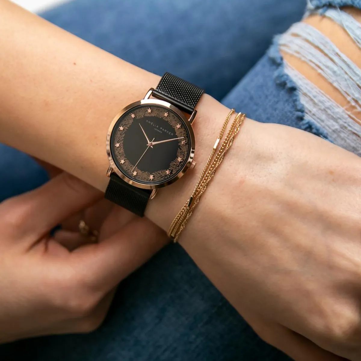 Amelia Parker Montres|Montre Femme Coral en Acier noire