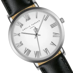 Amelia Parker Montres|Montre Femme Grand Blanc en Cuir noire
