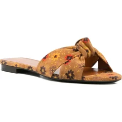 Saint Laurent Sandales Plates|Mules en Velours de Cuir Bianca marron