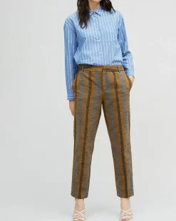 Chloé Stora Pantalons|Pantalon en Coton & Lin rayé Pavel marron