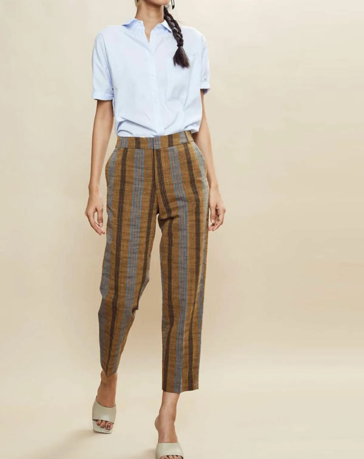 Chloé Stora Pantalons|Pantalon en Coton & Lin rayé Pavel marron
