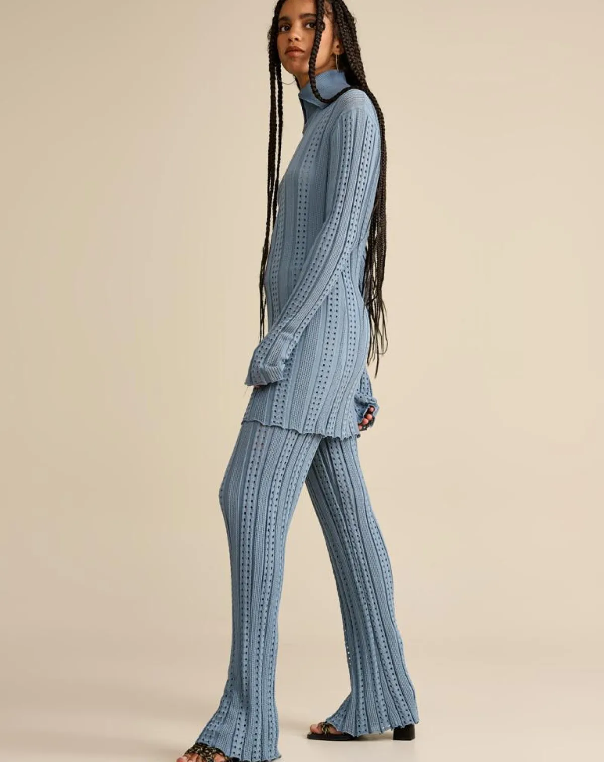 Bellerose Pantalons|Pantalon en Tricot côtelé ajouré Gony gris bleuté