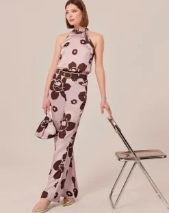 Tara Jarmon Pantalons|Pantalon imprimé fleuri en satin parme