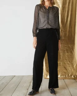 Cyrillus Pantalons|Pantalon large en Panne de Velours noir foncé