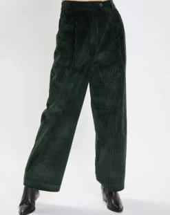 Marc O'Polo Pantalons|Pantalon large en Velours côtelé à revers vert foncé