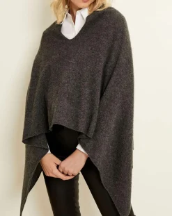 Uverny Pulls|Poncho 100% Cachemire 4 fils col V gris chiné foncé