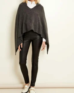 Uverny Pulls|Poncho 100% Cachemire 4 fils col V gris chiné foncé