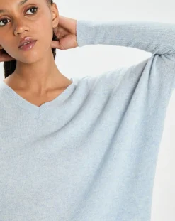 Cashmere Tribu Pulls|Poncho large 100% Cachemire col V Emma icy blue