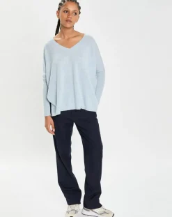 Cashmere Tribu Pulls|Poncho large 100% Cachemire col V Emma icy blue