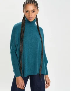 Cashmere Tribu Pulls|Poncho large 100% Cachemire col roulé Lola heathered teal