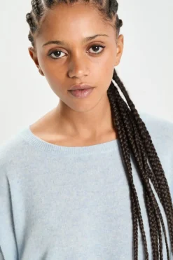 Cashmere Tribu Pulls|Poncho large 100% Cachemire col rond Alizée icy blue