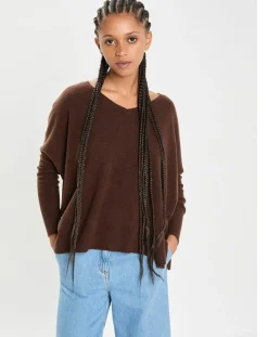 Cashmere Tribu Pulls|Poncho large 100% Cachemire col V Emma brownie