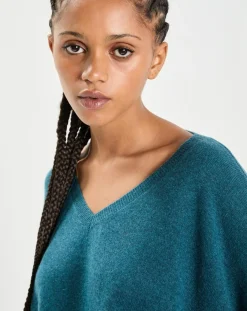 Cashmere Tribu Pulls|Poncho large 100% Cachemire col V Emma heather teal