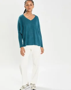 Cashmere Tribu Pulls|Poncho large 100% Cachemire col V Emma heather teal