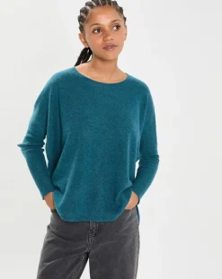 Cashmere Tribu Pulls|Poncho large 100% Cachemire col rond Alizée heathered teal