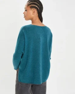 Cashmere Tribu Pulls|Poncho large 100% Cachemire col rond Alizée heathered teal