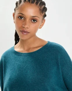 Cashmere Tribu Pulls|Poncho large 100% Cachemire col rond Alizée heathered teal