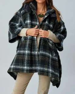 Lauren Vidal Manteaux|Poncho Tylan à carreaux noir