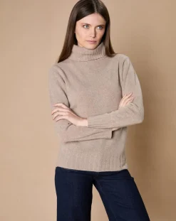 Oscar et Louise Pulls|Pull 100% Cachemire 4 fils Audrey col roulé beige foncé