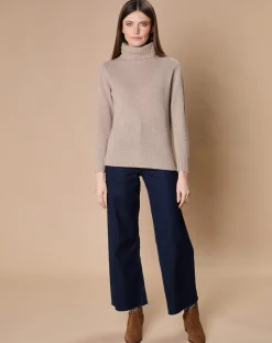 Oscar et Louise Pulls|Pull 100% Cachemire 4 fils Audrey col roulé beige foncé