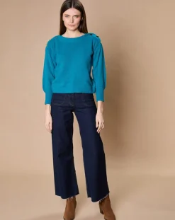 Oscar et Louise Pulls|Pull 100% Cachemire 4 fils Jane col bateau bleu paon