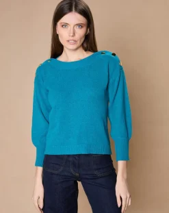 Oscar et Louise Pulls|Pull 100% Cachemire 4 fils Jane col bateau bleu paon