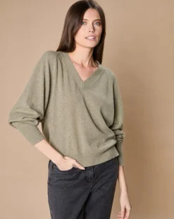 Oscar et Louise Pulls|Pull 100% Cachemire 4 fils Romy col V profond kaki clair