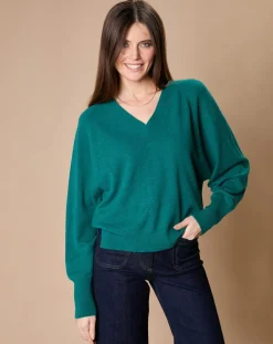 Oscar et Louise Pulls|Pull 100% Cachemire 4 fils Romy col V profond vert canard