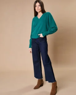 Oscar et Louise Pulls|Pull 100% Cachemire 4 fils Romy col V profond vert canard