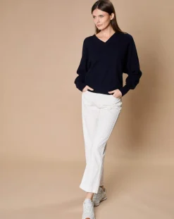 Oscar et Louise Pulls|Pull 100% Cachemire 4 fils Romy col V profond bleu marine