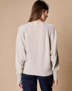 Oscar et Louise Pulls|Pull 100% Cachemire 4 fils Romy col V profond écru chiné